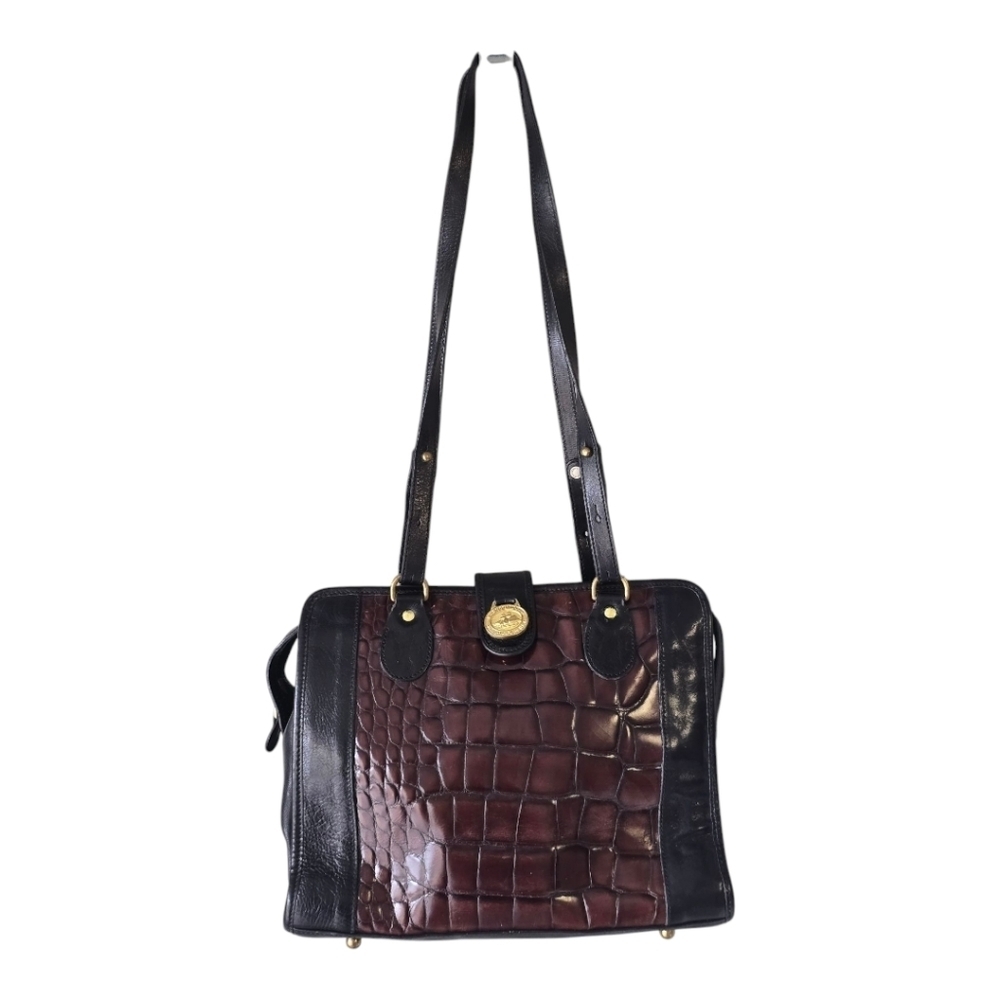 VTG Brahmin Tote Leather Handbag Women Crocodile Print Brown Black Rare - Picture 2 of 15